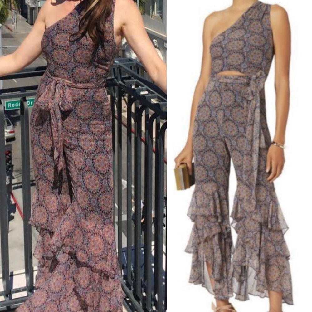 INTERMIX Cut-Out Belly One Shoulder Silk Ruffled Jumpsuit/Playsuit Side Zip S